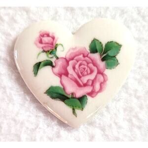 Vtg Avon White Heart Brooch Pink Roses Floral Porcelain Romantic Cottagecore
